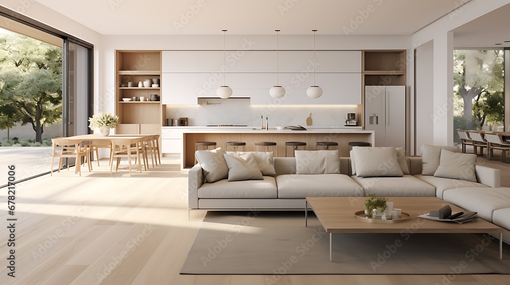 A modern minimalist home interior design with clean lines, sleek furniture, and neutral color palette, featuring an open-concept living space connected to a spacious kitchen, bathed in natural light A modern minimalist home interior design with clean lines, sleek furniture, and neutral color palette, featuring an open-concept living space connected to a spacious kitchen, bathed in natural light