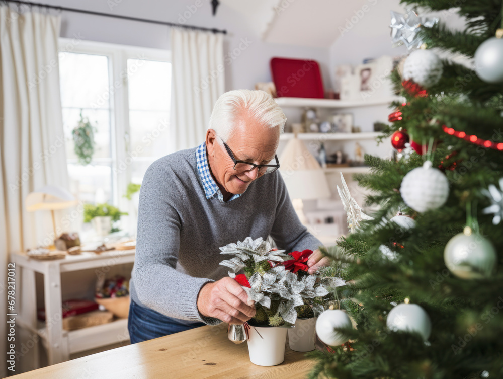 A couple were doing Christmas decorations in the living room A couple were doing Christmas decorations in the living room
