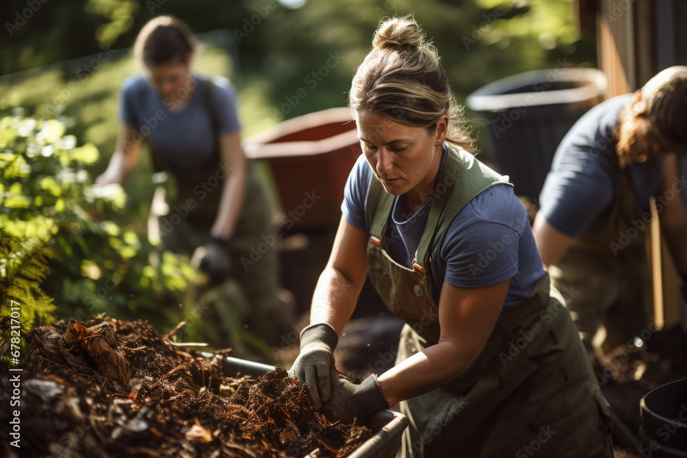 Individuals turning compost pile in backyard showcasing sustainable living practices 