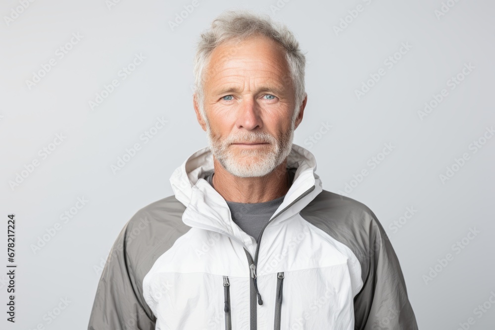 Portrait of a content man in his 60s sporting a breathable hiking shirt against a plain white digital canvas. AI Generation Portrait of a content man in his 60s sporting a breathable hiking shirt against a plain white digital canvas. AI Generation