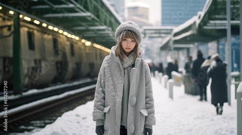 Young trendy asian woman waiting for train at railroad station in snowy weather. Female tourist in winter coat wait on railway platform for train to arrive.