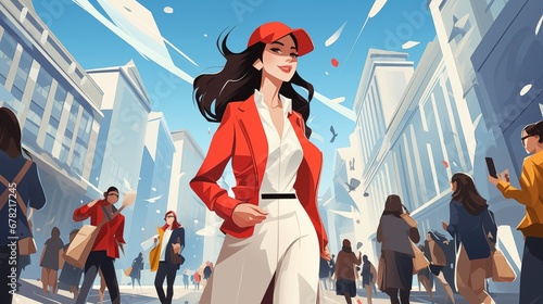 woman walking on the street in red jacket. Fantasy concept , Illustration painting.