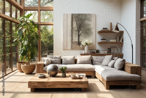 Eco-friendly furniture crafted from reclaimed wood in a bright stylish living room 