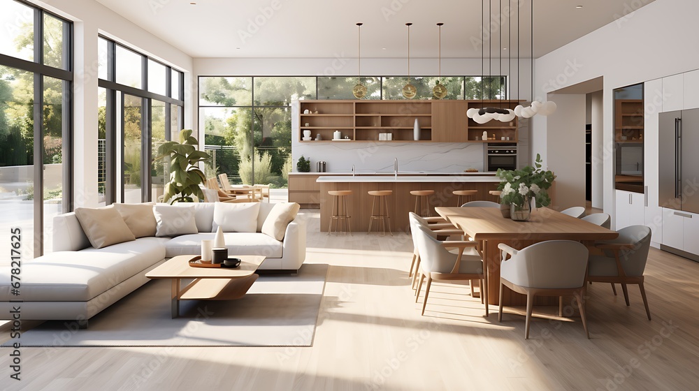 A modern minimalist home interior design with clean lines, sleek furniture, and neutral color palette, featuring an open-concept living space connected to a spacious kitchen, bathed in natural light