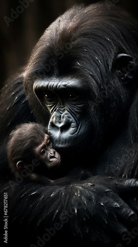 gorila com filhote, Foto adorável Amor de Mãe