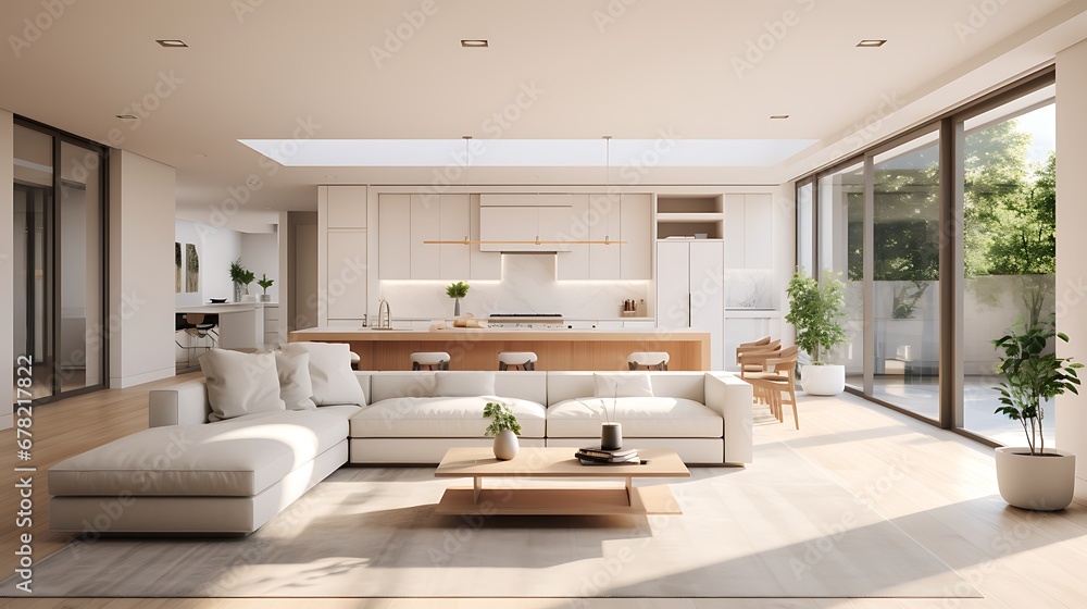 A modern minimalist home interior design with clean lines, sleek furniture, and neutral color palette, featuring an open-concept living space connected to a spacious kitchen, bathed in natural light A modern minimalist home interior design with clean lines, sleek furniture, and neutral color palette, featuring an open-concept living space connected to a spacious kitchen, bathed in natural light