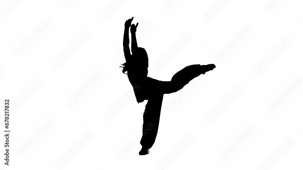 Attractive girl silhouette side view standing with leg up, contemporary dance, isolated on white background alpha channel. Attractive girl silhouette side view standing with leg up, contemporary dance, isolated on white background alpha channel.