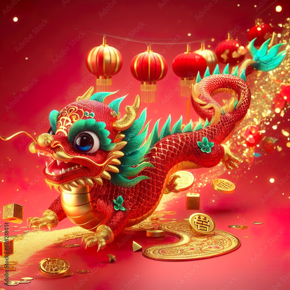 Fototapeta premium Chinese Baby dragon, red Chinese oriental baby dragon 3d render on red background with Chinese traditional decorations 