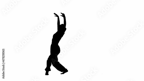 Attractive girl silhouette side view dancing contemporary dance, isolated on white background alpha channel.