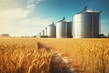 Agro silos granary in wheat field. Storage of agricultural production