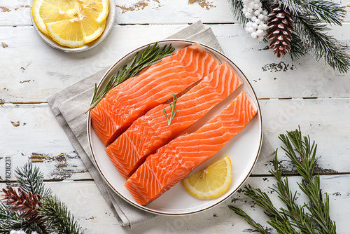 raw salmon fillet in a Christmas composition photo