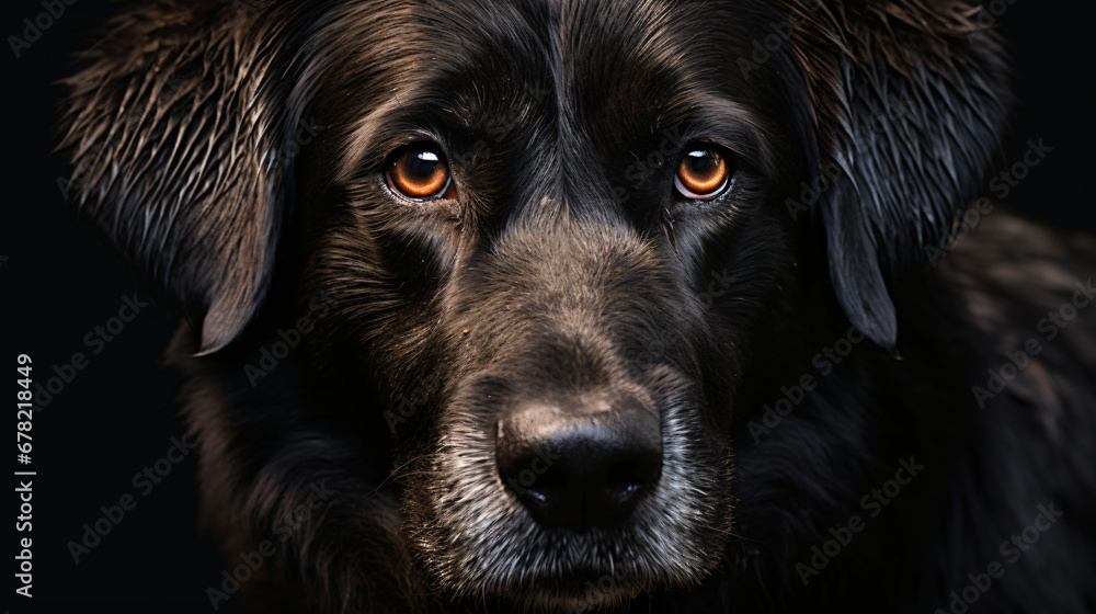 A close up of a dogs face with a black background