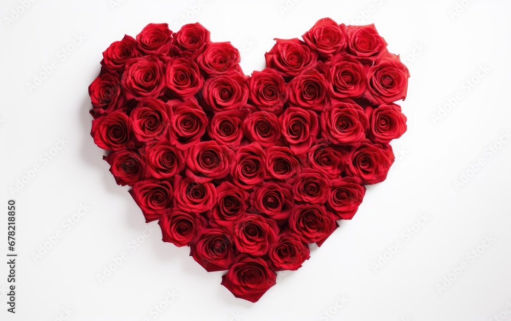 Red roses arranged in a heart shape Valentine or wedding on white isolated background.