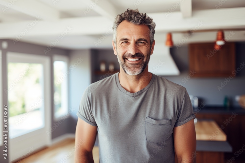Portrait of a happy man in his 40s dressed in a casual t-shirt against a stylized simple home office background. AI Generation Portrait of a happy man in his 40s dressed in a casual t-shirt against a stylized simple home office background. AI Generation