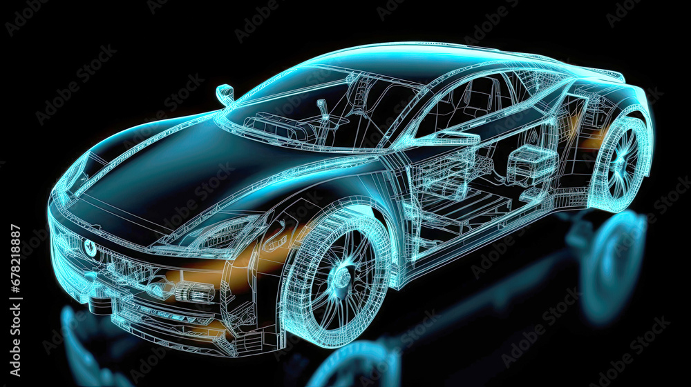 Futuristic car with an engine powered by hydrogen cells. Wireframe view. - obrazy, fototapety, plakaty 