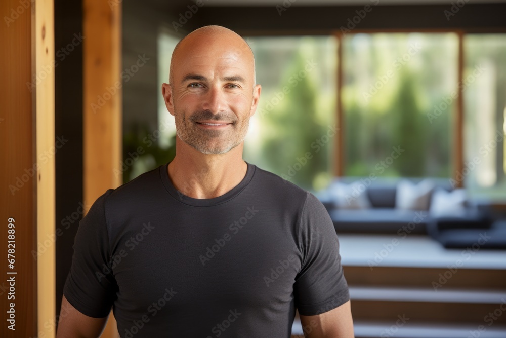 Portrait of a grinning man in his 40s showing off a lightweight base layer against a stylized simple home office background. AI Generation Portrait of a grinning man in his 40s showing off a lightweight base layer against a stylized simple home office background. AI Generation