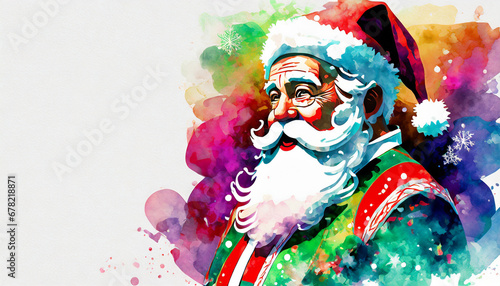Santa Claus in colorful watercolor style with copy space on a side