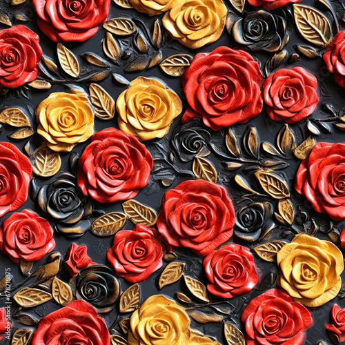 Seamless pattern with roses bloom  red  black and gold flowers  leaves  relief ornament  embossed surface.