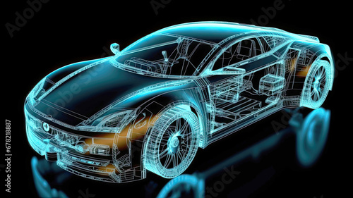 Futuristic car with an engine powered by hydrogen cells. Wireframe view.