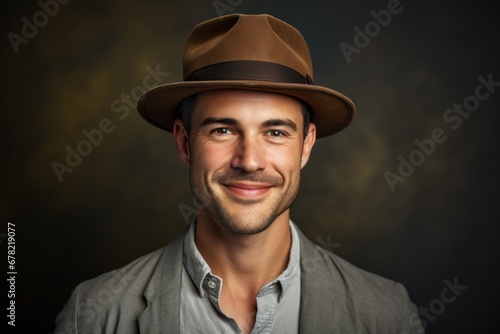 Portrait of a blissful man in his 30s donning a classic fedora against a plain cyclorama studio wall. AI Generation