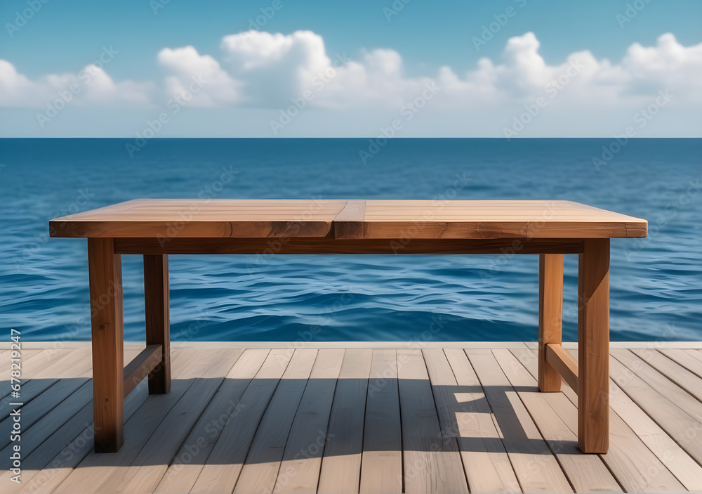 Wooden table on the background of the sea, island and the blue sky. High quality photo. AI Generative
