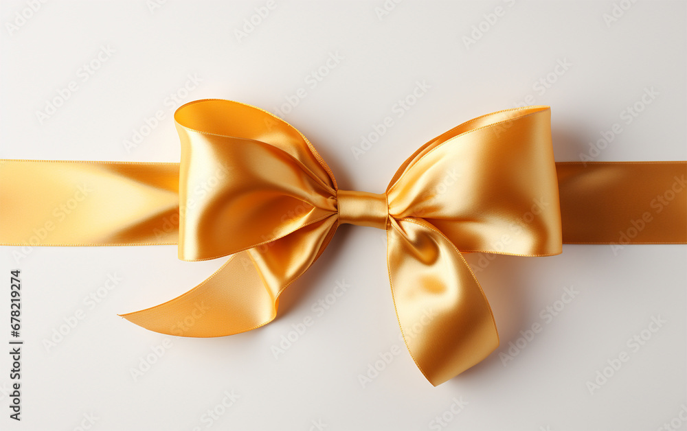 Shiny color satin ribbon on white background. Christmas gift, valentines day, birthday wrapping element. Decorative golden bow with long ribbon isolated