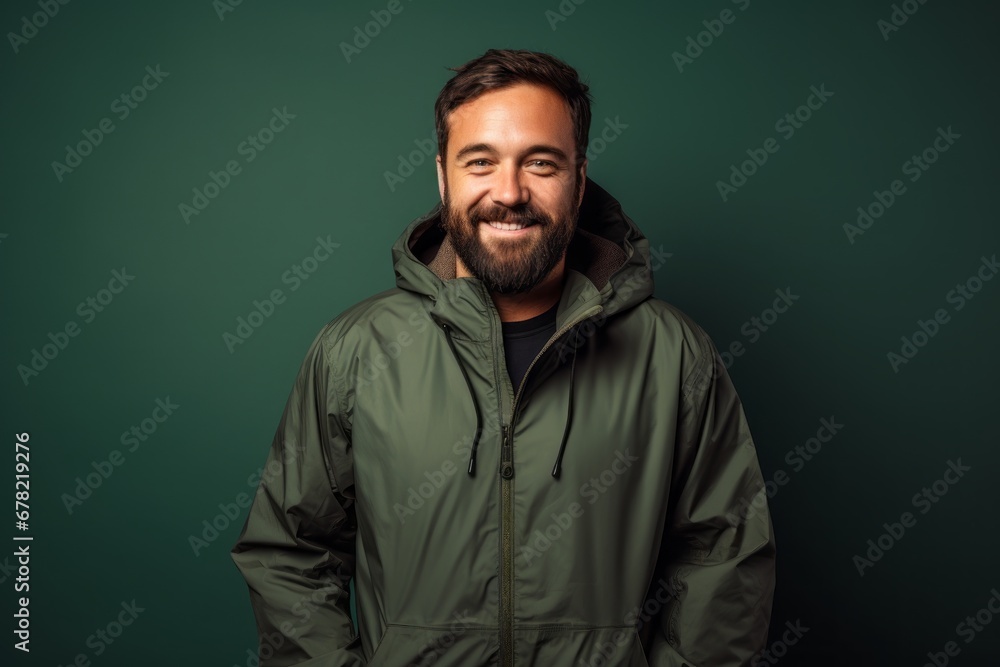 Portrait of a happy man in his 30s wearing a lightweight packable anorak against a plain cyclorama studio wall. AI Generation