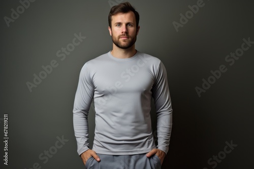 Portrait of a content man in his 30s showing off a lightweight base layer against a plain cyclorama studio wall. AI Generation