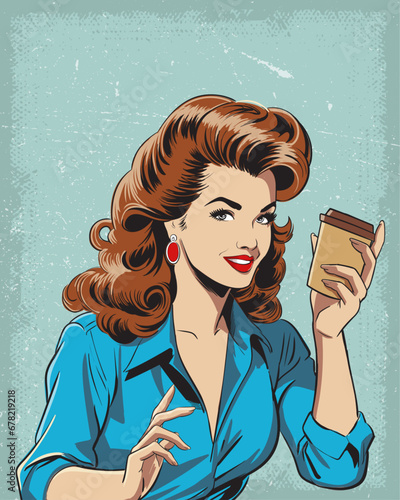 Illustration of a Beautiful Woman Sipping Coffee in Retro Comic Style