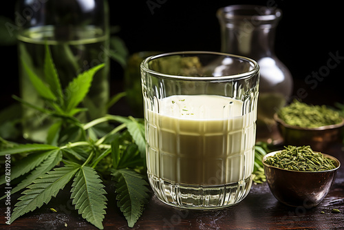 Hemp milk, a glass of drink on the background of cannabis leaves, milk from marijuana. Hemp products. AI
