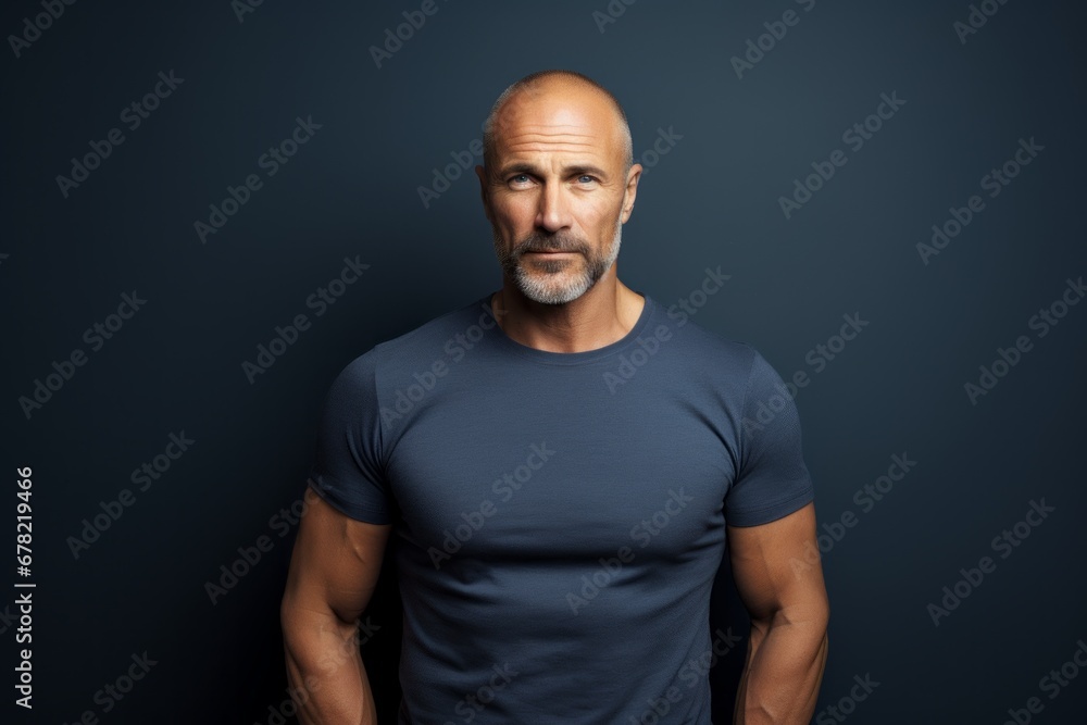 Portrait of a content man in his 40s donning a trendy cropped top against a plain cyclorama studio wall. AI Generation