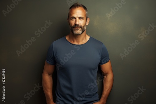 Portrait of a content man in his 40s donning a trendy cropped top against a plain cyclorama studio wall. AI Generation