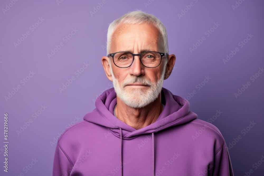 Portrait of a content man in his 60s wearing a thermal fleece pullover against a plain cyclorama studio wall. AI Generation Portrait of a content man in his 60s wearing a thermal fleece pullover against a plain cyclorama studio wall. AI Generation