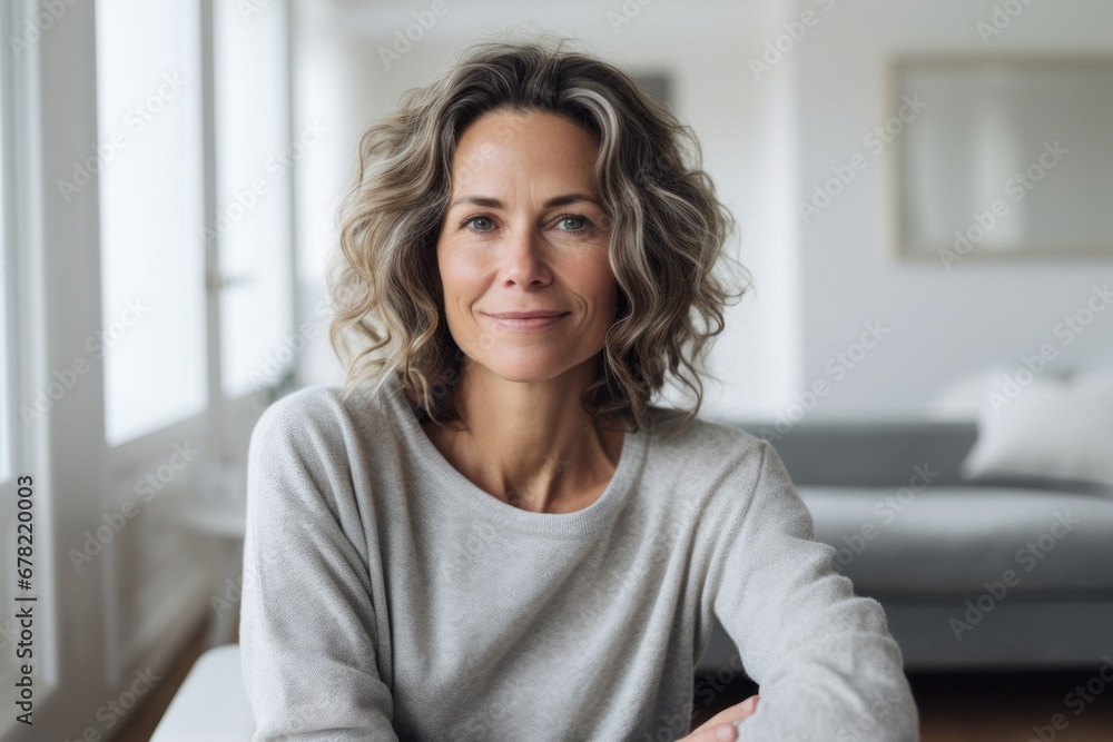 Portrait of a glad woman in her 40s wearing a cozy sweater against a crisp minimalistic living room. AI Generation Portrait of a glad woman in her 40s wearing a cozy sweater against a crisp minimalistic living room. AI Generation