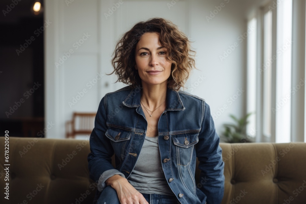 Portrait of a content woman in her 40s sporting a rugged denim jacket against a crisp minimalistic living room. AI Generation