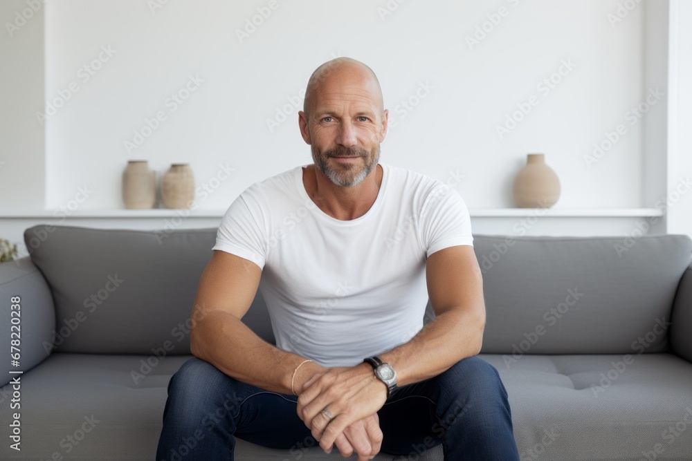 Portrait of a glad man in his 40s donning a trendy cropped top against a crisp minimalistic living room. AI Generation