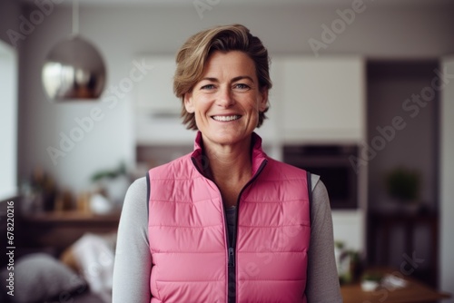 Portrait of a grinning woman in her 40s dressed in a thermal insulation vest against a crisp minimalistic living room. AI Generation photo