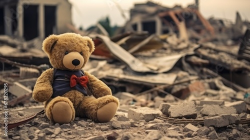 Old teddy bear in ruins of house, Destruction of building after fighting, war, natural disaster.