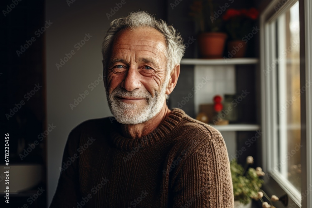 Portrait of a smiling man in his 80s dressed in a warm wool sweater against a crisp minimalistic living room. AI Generation Portrait of a smiling man in his 80s dressed in a warm wool sweater against a crisp minimalistic living room. AI Generation
