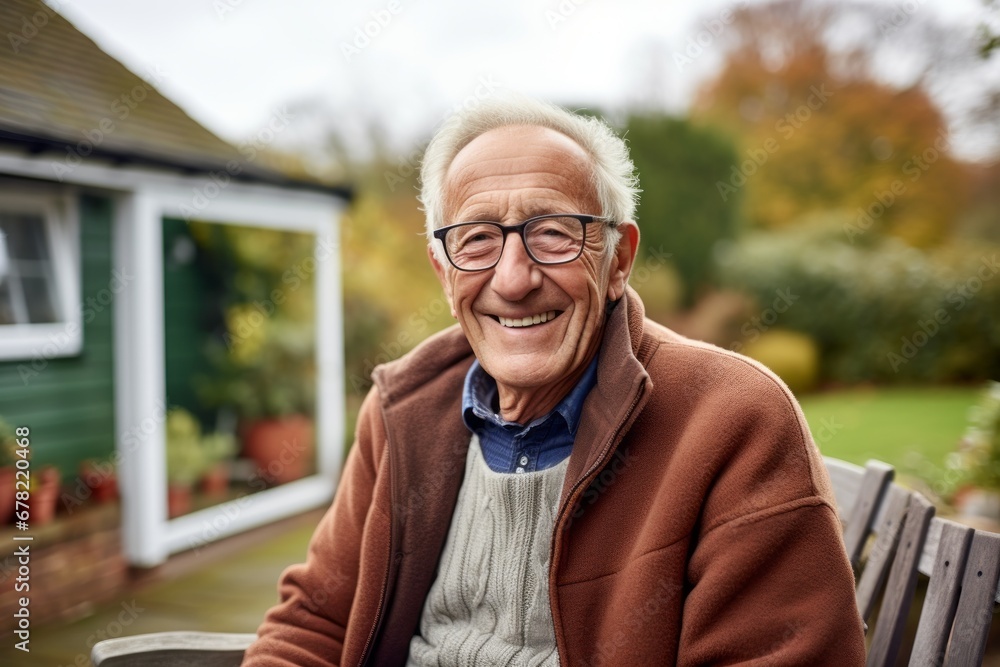 Obraz premium Portrait of a smiling man in his 80s dressed in a warm wool sweater against a crisp minimalistic living room. AI Generation