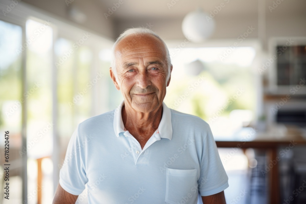 Portrait of a happy man in his 80s sporting a vented fishing shirt against a crisp minimalistic living room. AI Generation Portrait of a happy man in his 80s sporting a vented fishing shirt against a crisp minimalistic living room. AI Generation