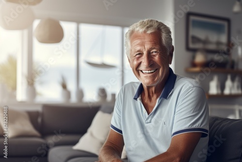 Portrait of a happy man in his 80s sporting a vented fishing shirt against a crisp minimalistic living room. AI Generation photo
