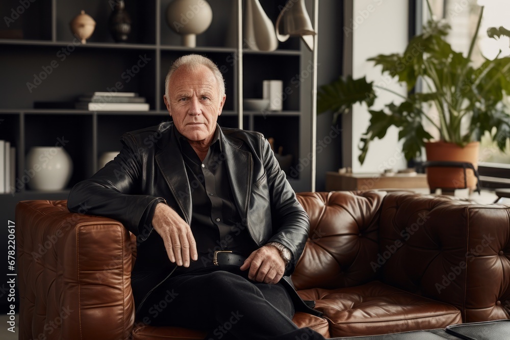 Portrait of a glad man in his 60s sporting a stylish leather blazer against a crisp minimalistic living room. AI Generation Portrait of a glad man in his 60s sporting a stylish leather blazer against a crisp minimalistic living room. AI Generation