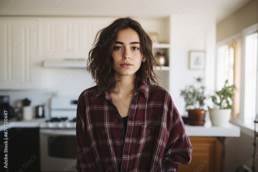 Portrait of a content woman in her 20s wearing a comfy flannel shirt against a crisp minimalistic living room. AI Generation Portrait of a content woman in her 20s wearing a comfy flannel shirt against a crisp minimalistic living room. AI Generation