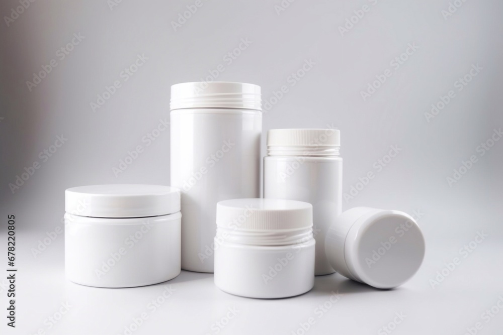 Realistic white cosmetic cream container and tube for cream, ointment, toothpaste, lotion Mock up bottle. Gel, powder, balsam, with empty label. Soap pump. Containers for bulk mixtures. Generative AI - obrazy, fototapety, plakaty 