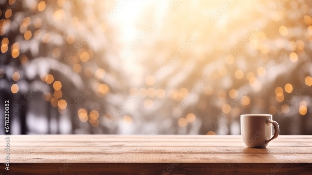 Empty rustic wooden table for product display with blur background of winter or Christmas forest. Generative AI Empty rustic wooden table for product display with blur background of winter or Christmas forest. Generative AI