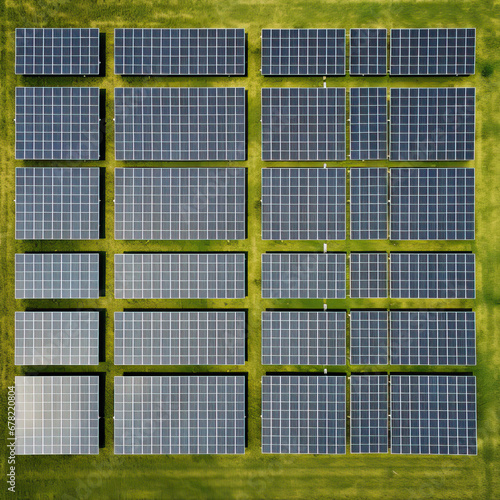 Solar panels at solar farm in a green field. Photovoltaic technology for sustainability, renewable and clean energy, and a sustainable planet, leading the energy transition