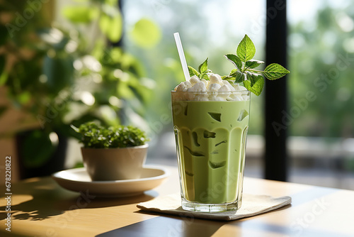 Japanese iced matcha latte, green tea with milk, soy milk on the light home background. AI