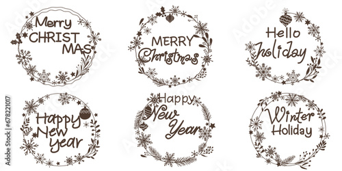 Set of decoration wreath and Calligraphy for Winter, Christmas and Happy new year. Winter holiday decorative lettering frame collection. Vector illustration.