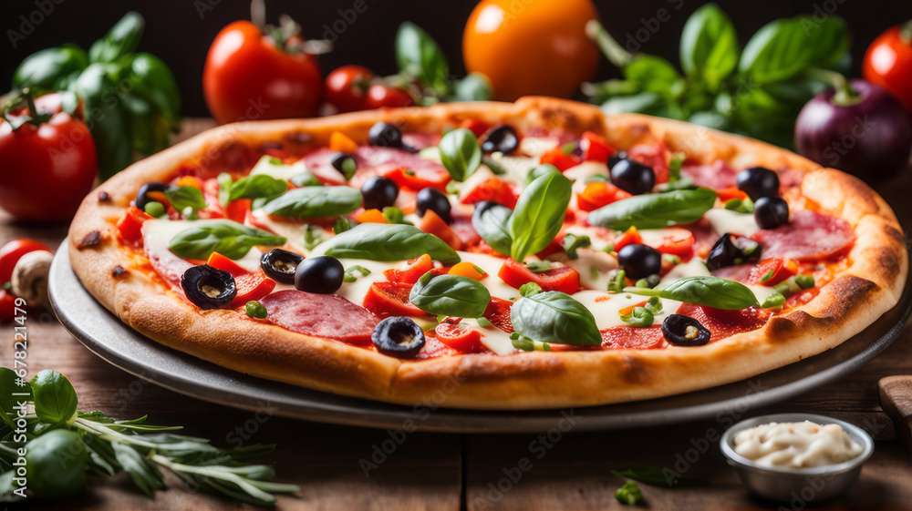 a deliciously cheesy and perfectly baked pizza, adorned with vibrant red tomato sauce, slices of fresh vegetables like bell peppers and mushrooms, succulent olives, and savory meat toppings